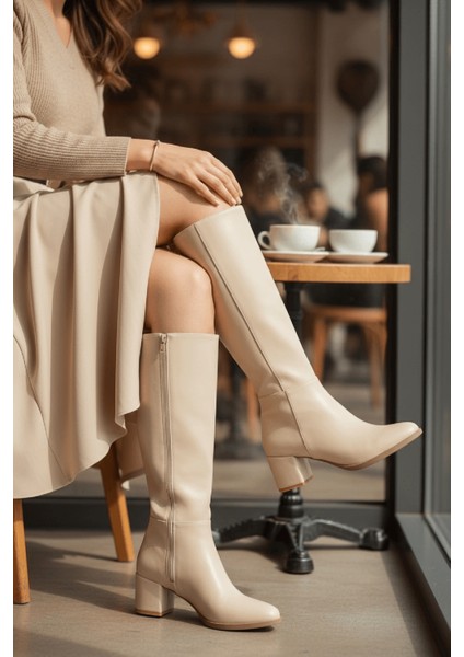 Despina Bej Deri Topuklu (5 cm Topuklu ) Yanı Fermuarlı Günlük Kullanım Çizme