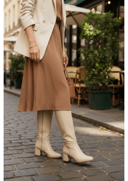 Despina Bej Deri Topuklu (5 cm Topuklu ) Yanı Fermuarlı Günlük Kullanım Çizme fiyatları