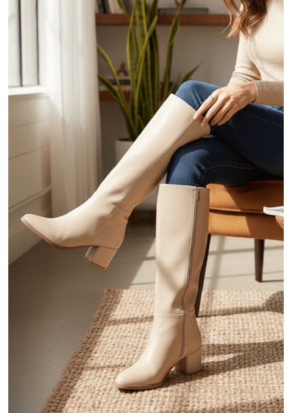 Despina Bej Deri Topuklu (5 cm Topuklu ) Yanı Fermuarlı Günlük Kullanım Çizme modelleri