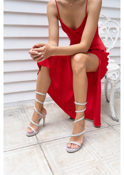 Amaros Kadin Gumus Saten Platform Taşli Abiye Ayakkabi