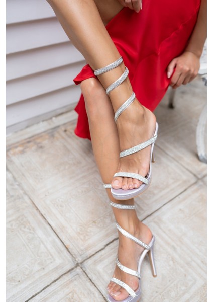 Amaros Kadin Gumus Saten Platform Taşli Abiye Ayakkabi modelleri