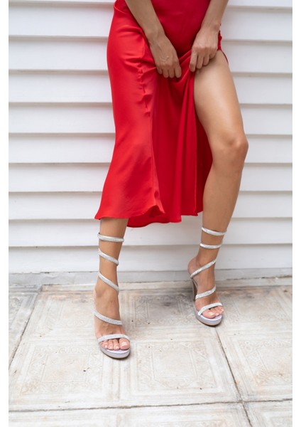 Amaros Kadin Gumus Saten Platform Taşli Abiye Ayakkabi indirimleri