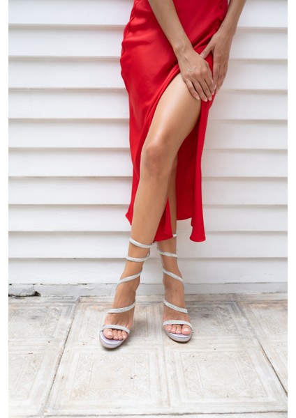 Amaros Kadin Gumus Saten Platform Taşli Abiye Ayakkabi