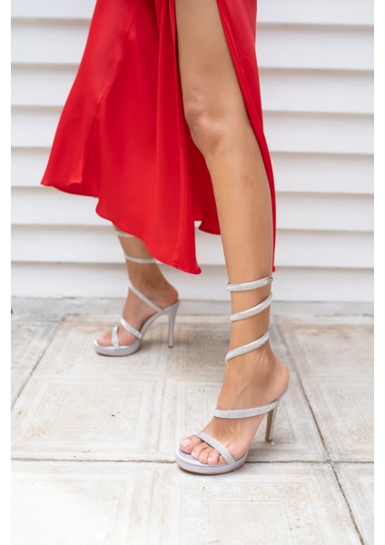 Amaros Kadin Gumus Saten Platform Taşli Abiye Ayakkabi