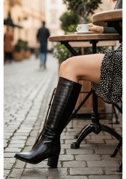 Despina Siyah Krokodil Deri Topuklu (5 cm Topuklu ) Yanı Fermuarlı Günlük Kullanım Çizme fırsatları