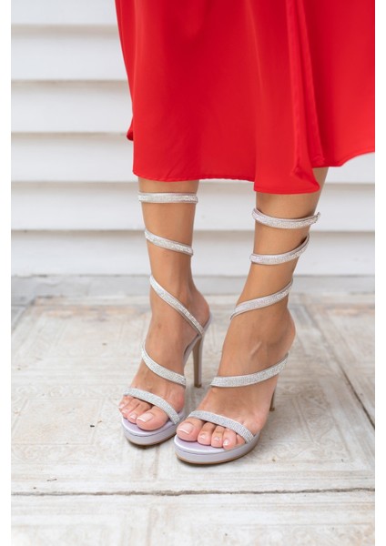 Amaros Kadin Gumus Saten Platform Taşli Abiye Ayakkabi