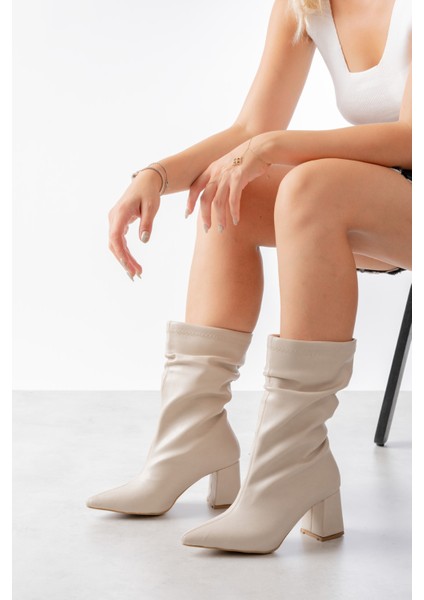 Madame Bej Büzgülü Sivri Buruni (8 cm Topuk Boyu) Günlük Kullanım Bot