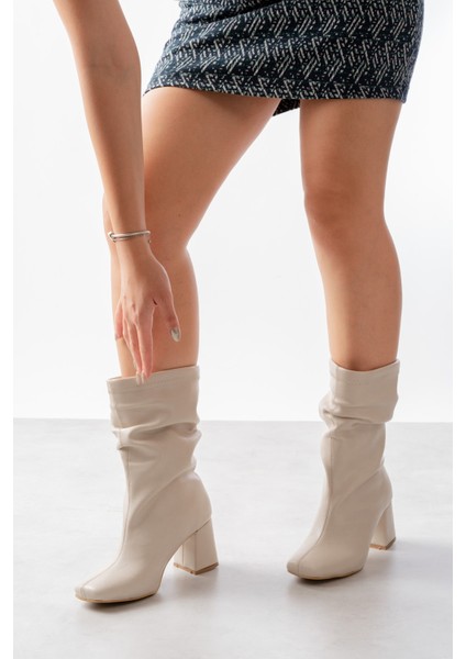 Madamore Bej Büzgülü Küt Burun (8 cm Topuk Boyu) Günlük Kullanım Bot fiyatları