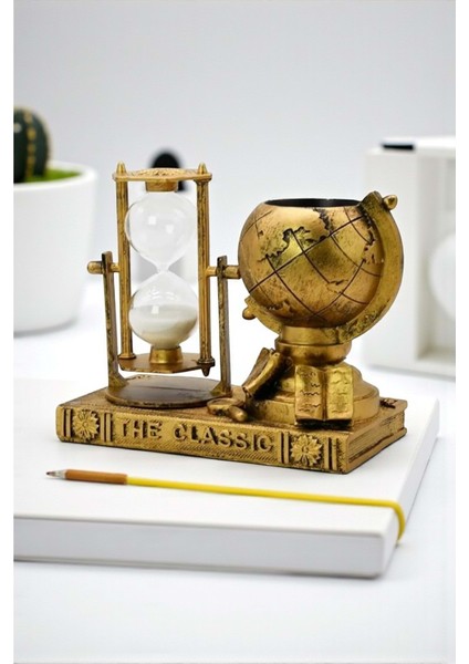 3\'ü 1 Arada Retro Dünya Küresi – Kum Saati, Kalemlik ve Sukulent Saksı Fonksiyonlu Masa Dekoru