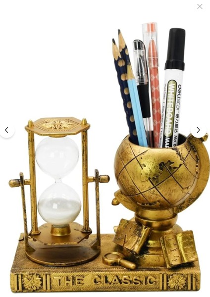 3\'ü 1 Arada Retro Dünya Küresi – Kum Saati, Kalemlik ve Sukulent Saksı Fonksiyonlu Masa Dekoru modelleri