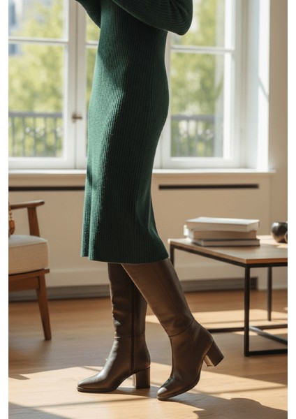 Despina Kahverengi Deri Topuklu (5 cm Topuklu ) Yanı Fermuarlı Günlük Kullanım Çizme fiyatları