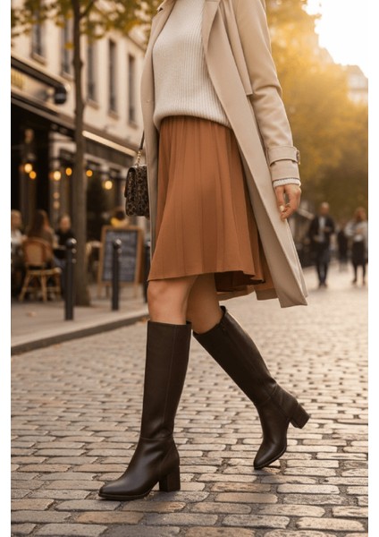 Despina Kahverengi Deri Topuklu (5 cm Topuklu ) Yanı Fermuarlı Günlük Kullanım Çizme indirimleri