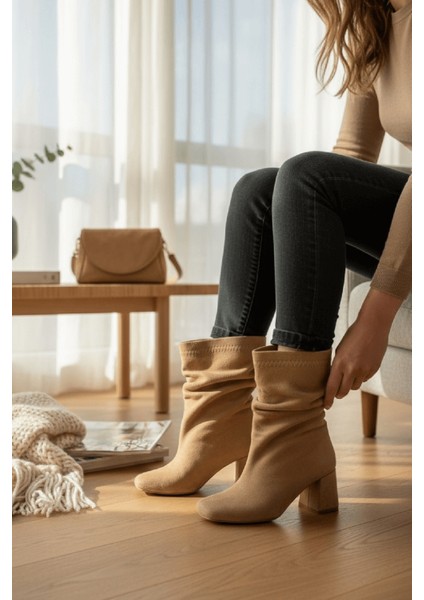 Madamore Bej Süet Büzgülü Küt Burun (8 cm Topuk Boyu) Günlük Kullanım Bot indirimleri