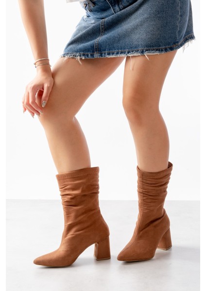 Madame Taba Süet Büzgülü Sivri Buruni (8 cm Topuk Boyu) Günlük Kullanım Bot modelleri