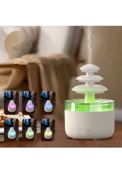 3 Katlı Şelale Yağmur Tasarımlı Ultrasonik Aroma Difüzör – 6 Renk LED Işıklı Hava Nemlendirici