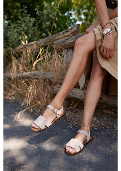 Cicca Kadın Bej Gercek Deri Suet Sandalet