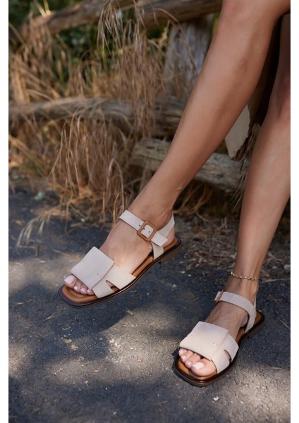 Cicca Kadın Bej Gercek Deri Suet Sandalet