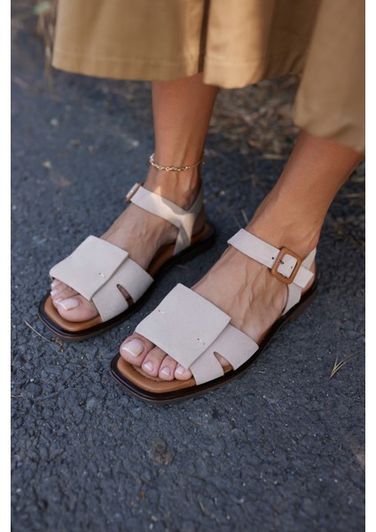 Cicca Kadın Bej Gercek Deri Suet Sandalet