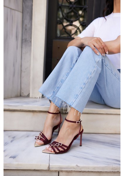 Luna Kadın Bordo Saten Tokalı Burun Demır Taşli Topuklu Abiye Sandalet