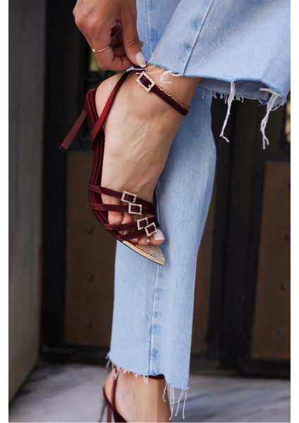 Luna Kadın Bordo Saten Tokalı Burun Demır Taşli Topuklu Abiye Sandalet indirimleri