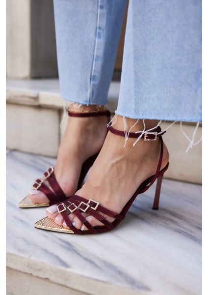 Luna Kadın Bordo Saten Tokalı Burun Demır Taşli Topuklu Abiye Sandalet
