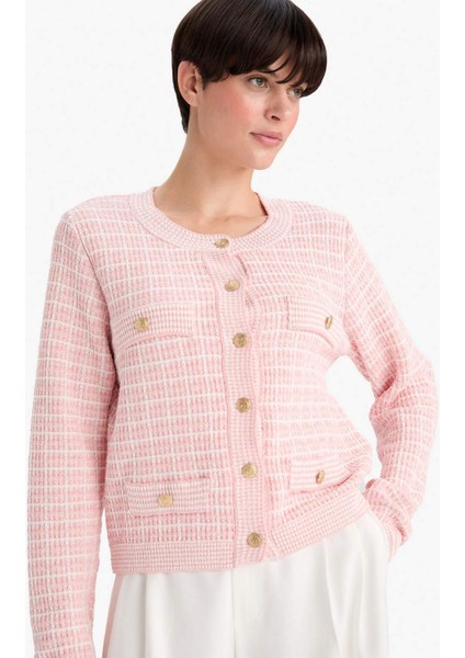 Regular Fit Bisiklet Yaka Kareli Triko Hırka G0806AX25WN