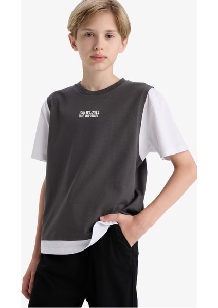 Erkek Çocuk Oversize Geniş Kalıp Bisiklet Yaka Baskılı Kısa Kollu Tişört F9219A825AU