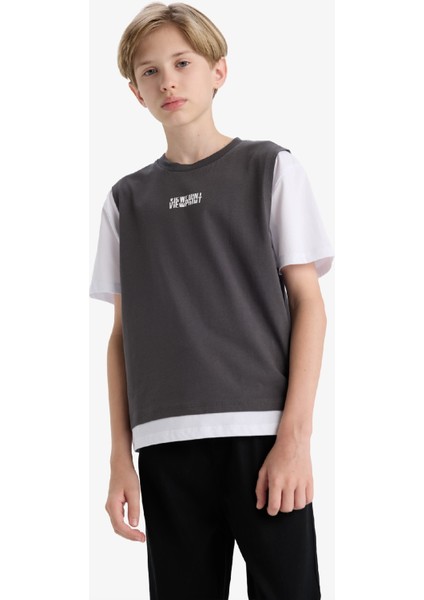 Erkek Çocuk Oversize Geniş Kalıp Bisiklet Yaka Baskılı Kısa Kollu Tişört F9219A825AU fırsatları