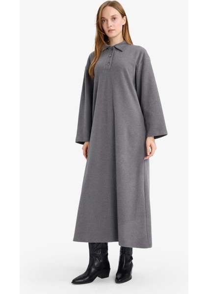 Regular Fit Polo Yaka Uzun Kollu Maxi Elbise G1886AX25WN