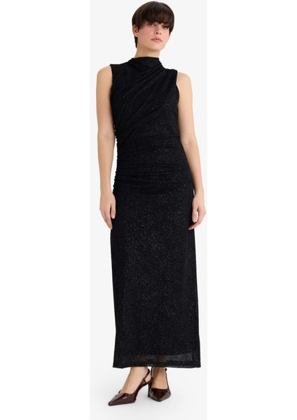 Regular Fit Dik Yaka Parlak Kumaş Tül Kolsuz Midi Elbise G3637AX25AU