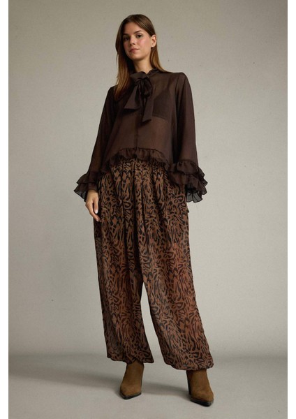 Relax Fit Normal Bel Leopar Desenli Şifon Pantolon G5653AX25WN