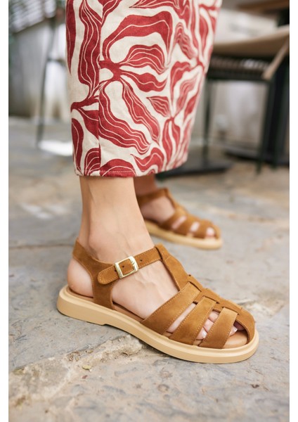 Rio Kadin Taba Gercek Deri Suet Sandalet