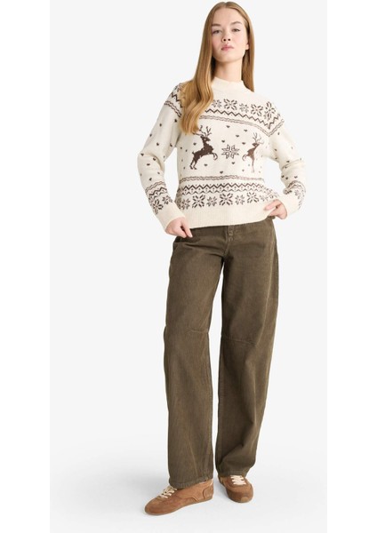 Baggy Fit Fermuarlı Normal Bel Standart Boy Kadife Pantolon G1619AX25AU