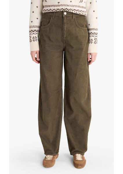 Baggy Fit Fermuarlı Normal Bel Standart Boy Kadife Pantolon G1619AX25AU fırsatları