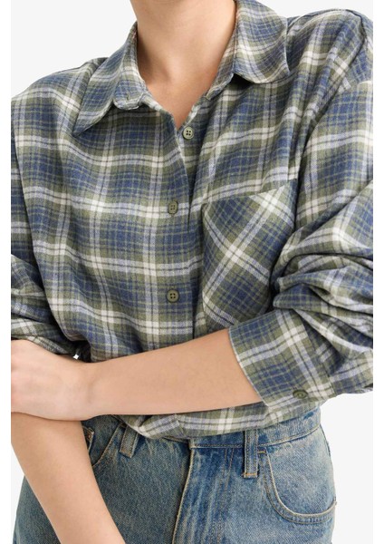 Overshirt Fit Gömlek Yaka Kareli Flanel Uzun Kollu Gömlek G3614AX25AU indirimleri