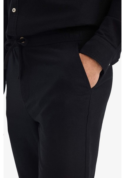 %100 Pamuk Slim Fit Beli Lastikli Keten Görünümlü Cepli Düz Paça Jogger Pantolon D2671AX25AU