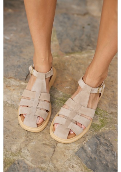 Rio Kadin Taba Gercek Deri Suet Sandalet