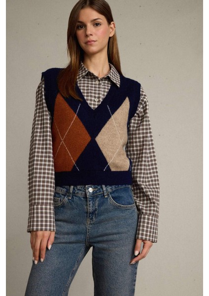 Slim Fit Dar Kesim V Yaka Baklava Desenli Süveter G6301AX25WN