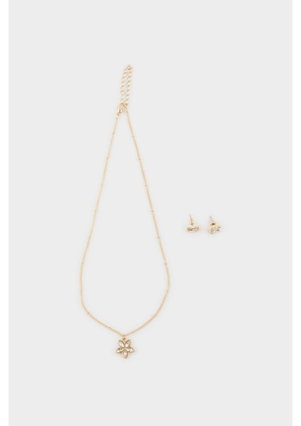 Kadın Çiçek Uçlu Gold 2'li Kolye Küpe Seti F7727AXNS