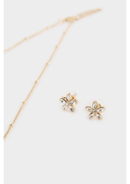 Kadın Çiçek Uçlu Gold 2'li Kolye Küpe Seti F7727AXNS modelleri