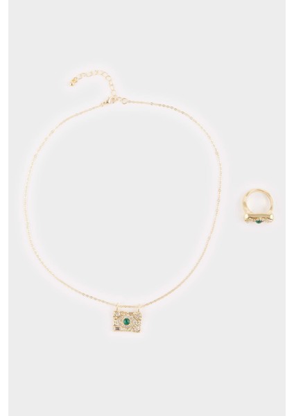 Kadın Çelik Gold Kolye-Yüzük Set G0334AXNS