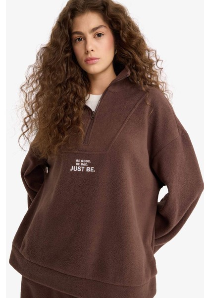 Oversize Geniş Kalıp Dik Yaka Fermuarlı Baskılı Polar Sweatshirt Y2649AZ25WN