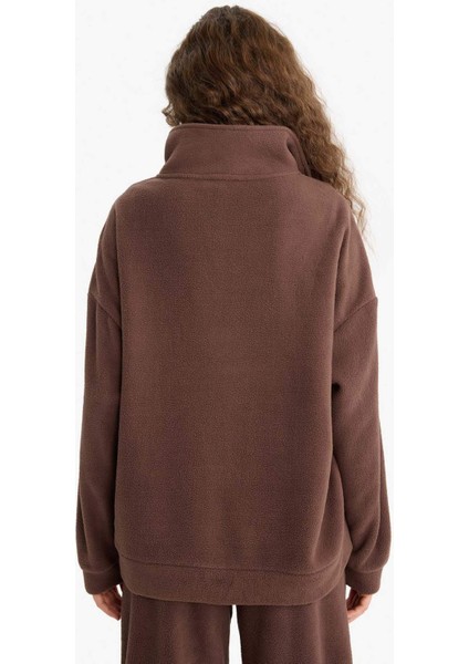 Oversize Geniş Kalıp Dik Yaka Fermuarlı Baskılı Polar Sweatshirt Y2649AZ25WN