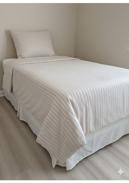 | Bej Çizgili %80 Pamuk Saten Tek Kişilik Nevresim Takımı | 82 Tel Yollu Nevresim, Lastikli Çarşaf