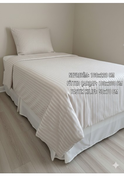 | Bej Çizgili %80 Pamuk Saten Tek Kişilik Nevresim Takımı | 82 Tel Yollu Nevresim, Lastikli Çarşaf fırsatları