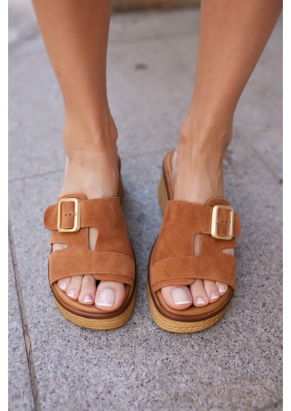 Raffica Kadın Taba Gercek Deri Suet Toka Detay Terlik