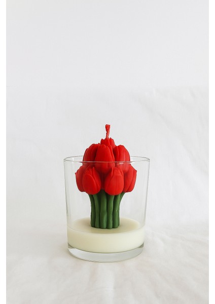 koyu kırmızı dekoratif lale mum buketi Hediyelik