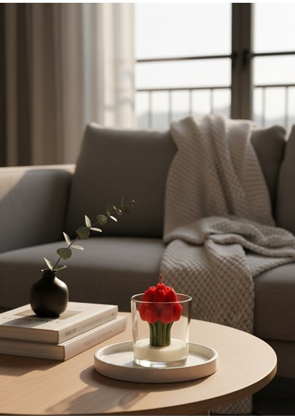 koyu kırmızı dekoratif lale mum buketi Hediyelik modelleri