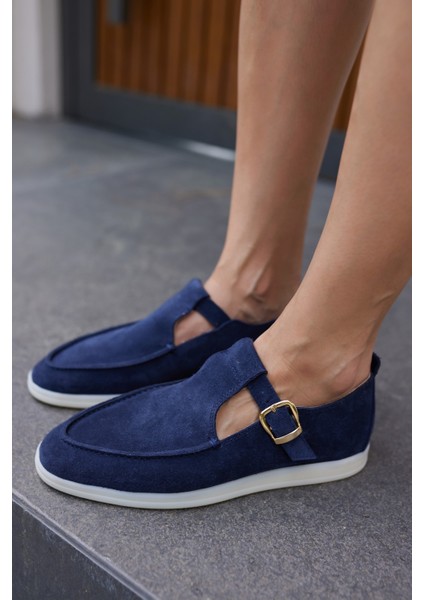 Orbita Kadin Lacivert Gercek Deri Suet Loafer Ayakkabi modelleri