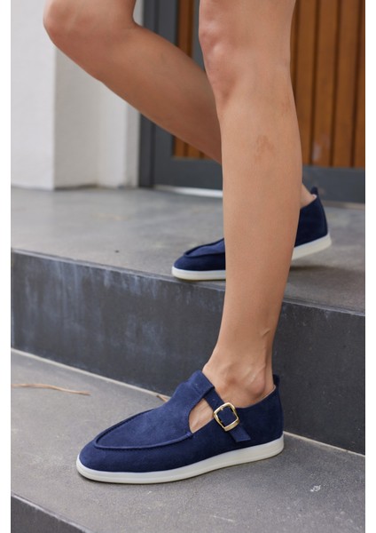 Orbita Kadin Lacivert Gercek Deri Suet Loafer Ayakkabi